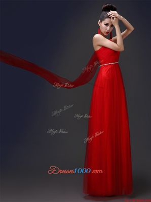 One Shoulder Red Sleeveless Beading Floor Length