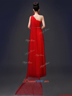 One Shoulder Red Sleeveless Beading Floor Length