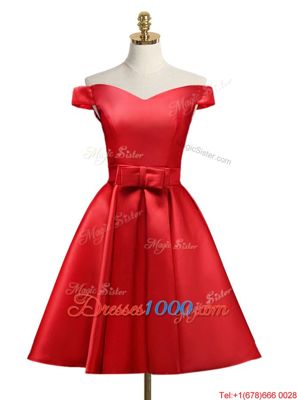 New Style Off the Shoulder Knee Length Lace Up Prom Party Dress Red and In with Bowknot