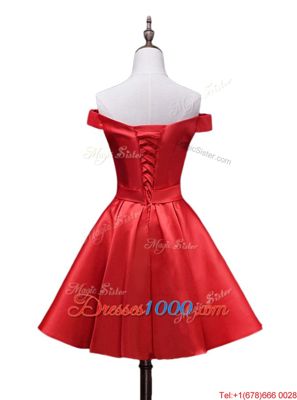 New Style Off the Shoulder Knee Length Lace Up Prom Party Dress Red and In with Bowknot