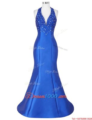 Mermaid Royal Blue Satin Lace Up Halter Top Sleeveless Floor Length Dress for Prom Beading