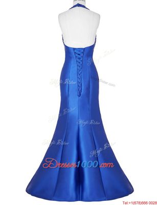 Mermaid Royal Blue Satin Lace Up Halter Top Sleeveless Floor Length Dress for Prom Beading