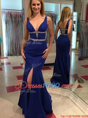 Ideal Mermaid Royal Blue Chiffon Backless V-neck Sleeveless Floor Length Evening Wear Beading