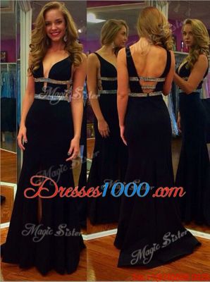 Ideal Mermaid Royal Blue Chiffon Backless V-neck Sleeveless Floor Length Evening Wear Beading