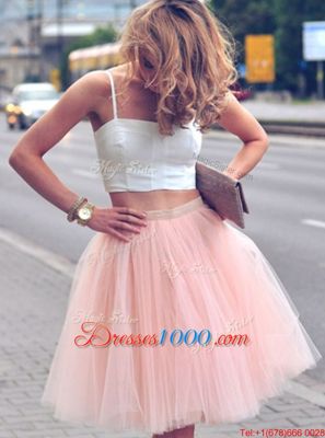 Pink And White Homecoming Dress For with Ruffles Spaghetti Straps Sleeveless Zipper