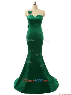 Dynamic Mermaid Green Satin Zipper Scoop Sleeveless Prom Evening Gown Sweep Train Beading and Bowknot and Hand Made Flower