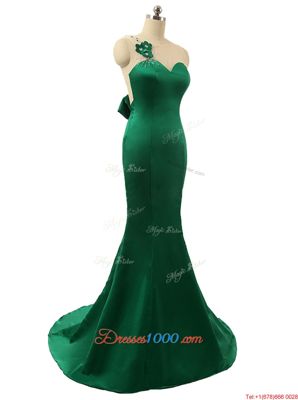 Dynamic Mermaid Green Satin Zipper Scoop Sleeveless Prom Evening Gown Sweep Train Beading and Bowknot and Hand Made Flower