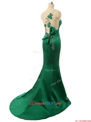 Dynamic Mermaid Green Satin Zipper Scoop Sleeveless Prom Evening Gown Sweep Train Beading and Bowknot and Hand Made Flower
