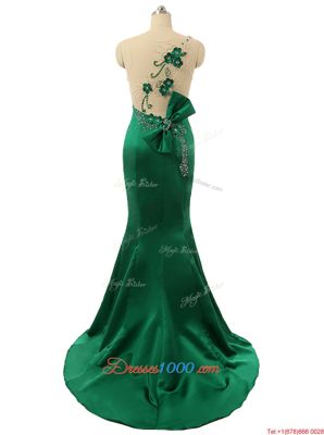 Dynamic Mermaid Green Satin Zipper Scoop Sleeveless Prom Evening Gown Sweep Train Beading and Bowknot and Hand Made Flower