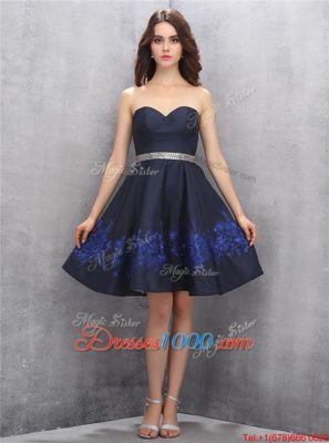 Hot Sale Satin Sweetheart Sleeveless Zipper Beading and Appliques Prom Party Dress in Navy Blue