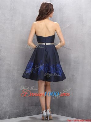 Hot Sale Satin Sweetheart Sleeveless Zipper Beading and Appliques Prom Party Dress in Navy Blue