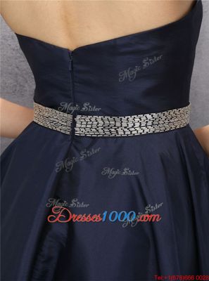 Hot Sale Satin Sweetheart Sleeveless Zipper Beading and Appliques Prom Party Dress in Navy Blue