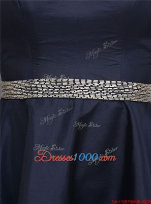 Hot Sale Satin Sweetheart Sleeveless Zipper Beading and Appliques Prom Party Dress in Navy Blue