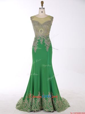 Chic Mermaid Green Scoop Neckline Beading and Appliques Evening Gowns Sleeveless Zipper