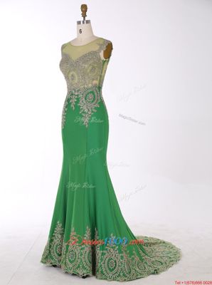 Chic Mermaid Green Scoop Neckline Beading and Appliques Evening Gowns Sleeveless Zipper