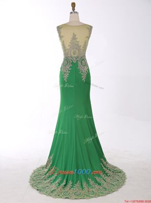 Chic Mermaid Green Scoop Neckline Beading and Appliques Evening Gowns Sleeveless Zipper