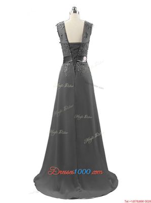 Enchanting Scoop Grey Dress for Prom Chiffon Brush Train Sleeveless Beading and Appliques