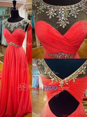 Delicate Scoop Sashes|ribbons Prom Party Dress Coral Red Backless Sleeveless Floor Length