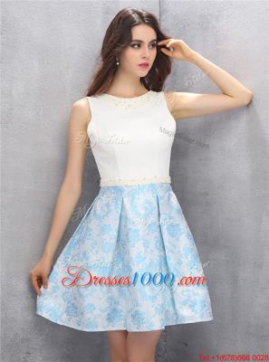 Blue And White Scoop Neckline Beading Sleeveless Zipper