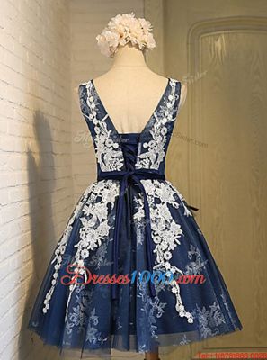 Scoop Knee Length Lace Up Dress for Prom Navy Blue and In for Party with Appliques