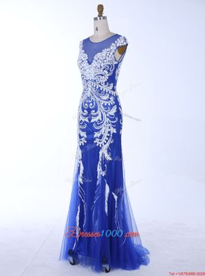 Simple Mermaid Floor Length Royal Blue Dress for Prom Scoop Sleeveless Backless