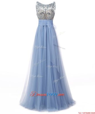 Scoop Blue Backless Beading and Bowknot Sleeveless Floor Length