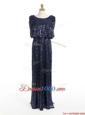 High Quality Navy Blue Sequined Zipper Scoop Sleeveless Floor Length Going Out Dresses Sequins