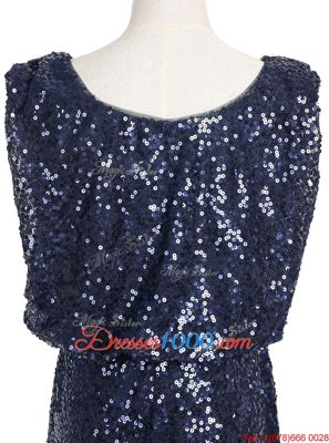 High Quality Navy Blue Sequined Zipper Scoop Sleeveless Floor Length Going Out Dresses Sequins