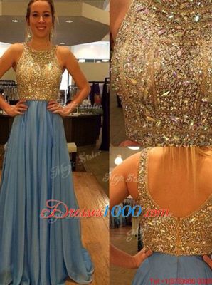 Customized Scoop Blue Zipper Dress for Prom Sequins Sleeveless With Brush Train