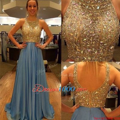 Customized Scoop Blue Zipper Dress for Prom Sequins Sleeveless With Brush Train