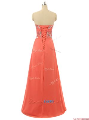 Watermelon Red Lace Up Junior Homecoming Dress Beading Sleeveless Floor Length