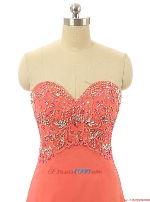 Watermelon Red Lace Up Junior Homecoming Dress Beading Sleeveless Floor Length