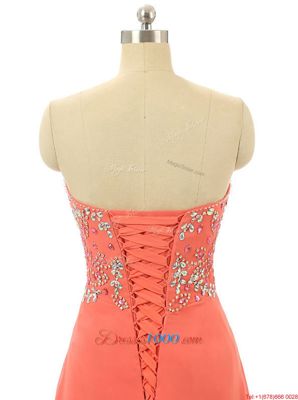 Watermelon Red Lace Up Junior Homecoming Dress Beading Sleeveless Floor Length