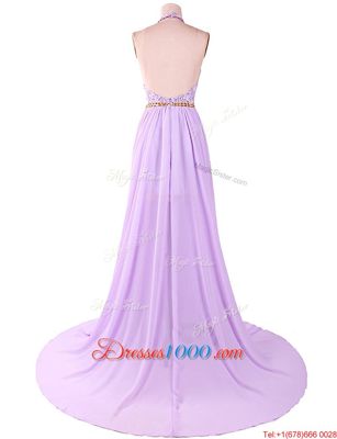 Fitting Lace Lavender Backless Sleeveless With Brush Train
