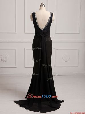 Stylish Black Mermaid Chiffon V-neck Sleeveless Beading With Train Backless Homecoming Gowns Brush Train