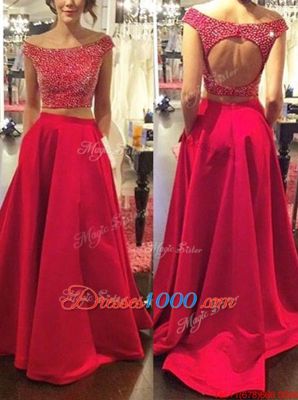 Best Backless Off The Shoulder Sleeveless Evening Gowns With Train Sweep Train Beading Red Satin
