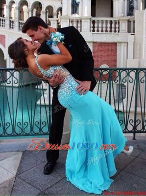 Graceful Mermaid Blue Sleeveless Court Train Beading