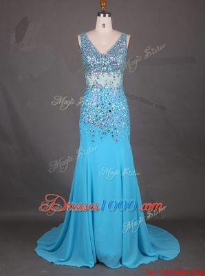 Graceful Mermaid Blue Sleeveless Court Train Beading