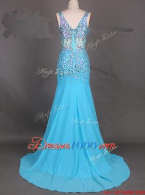 Graceful Mermaid Blue Sleeveless Court Train Beading