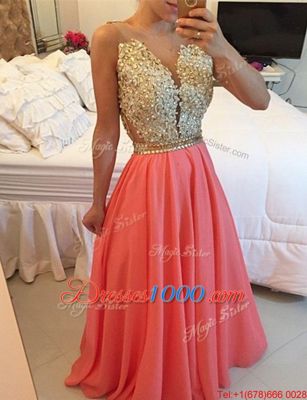 Flirting Watermelon Red Formal Dresses Prom and For with Beading and Appliques V-neck Sleeveless Backless