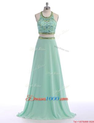 Hot Selling Apple Green A-line Scoop Sleeveless Chiffon With Train Sweep Train Criss Cross Beading