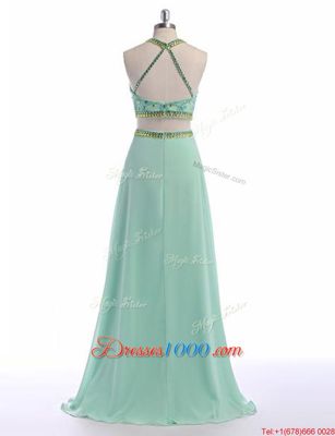 Hot Selling Apple Green A-line Scoop Sleeveless Chiffon With Train Sweep Train Criss Cross Beading