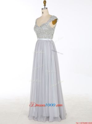 Perfect Grey V-neck Neckline Beading and Appliques Prom Dress Sleeveless Zipper