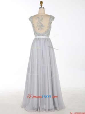 Perfect Grey V-neck Neckline Beading and Appliques Prom Dress Sleeveless Zipper