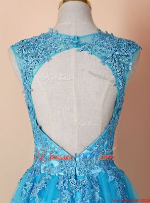 Unique Blue Tulle Zipper Prom Dress Sleeveless Knee Length Beading and Appliques