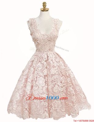 Vintage Lace V-neck Sleeveless Zipper Lace Homecoming Dress in Baby Pink