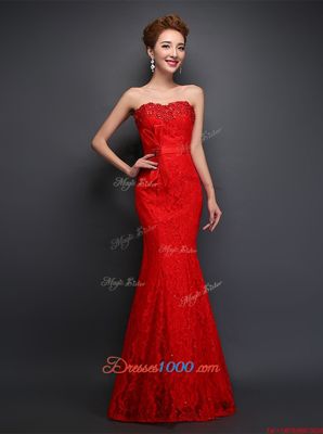 Red Mermaid Sweetheart Sleeveless Lace Floor Length Lace Up Beading and Bowknot Prom Evening Gown