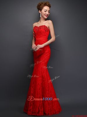 Red Mermaid Sweetheart Sleeveless Lace Floor Length Lace Up Beading and Bowknot Prom Evening Gown