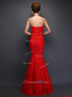 Red Mermaid Sweetheart Sleeveless Lace Floor Length Lace Up Beading and Bowknot Prom Evening Gown