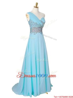 With Train Aqua Blue Homecoming Dress One Shoulder Sleeveless Brush Train Side Zipper